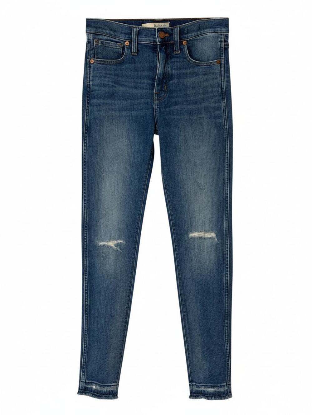 Madewell Sz 26 High Rise Skinny Jeans 28"L Distressed Raw Hem Dark Wash Denim